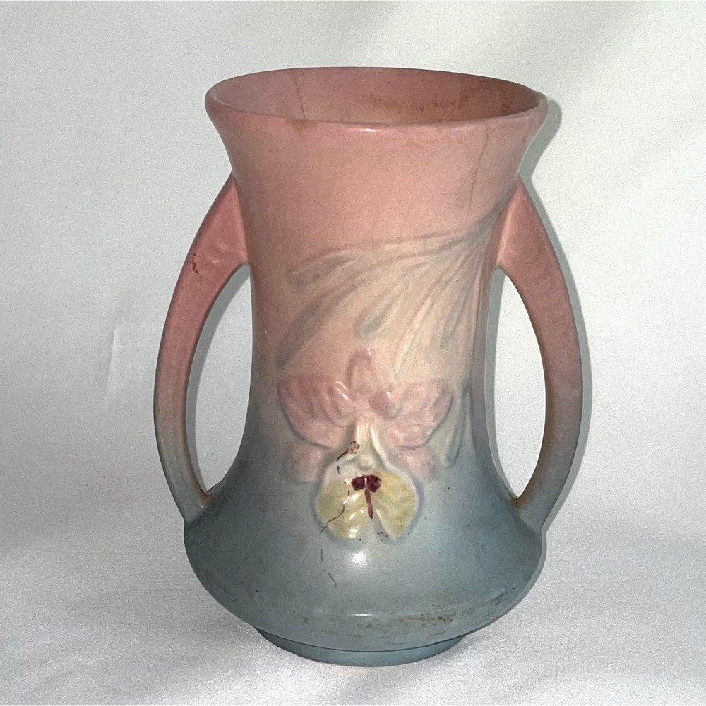 Hull Pottery Orchid Double Handle Vase‎ Pink/Blue/Yellow Vintage Clay Ohio *READ